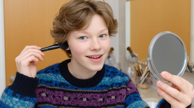Smiling teen applying makeup in front of mirror as part of gender-affirming self-care routine