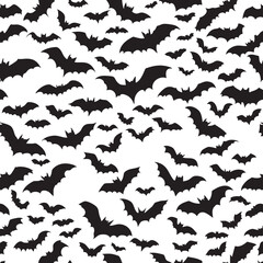 Obraz premium Black bats seamless pattern. Flying bat silhouettes background for Halloween and spooky decoration.