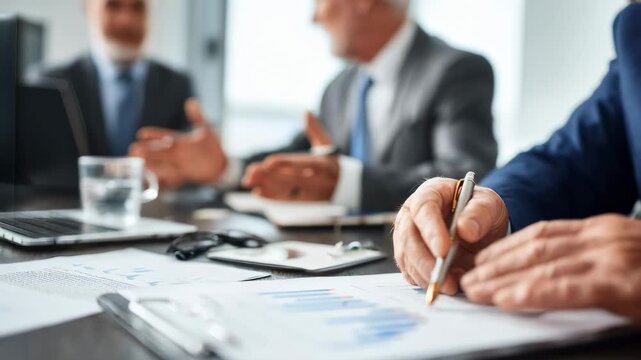 Financial advisor reviewing executive pay packages and performance incentives with business professionals.