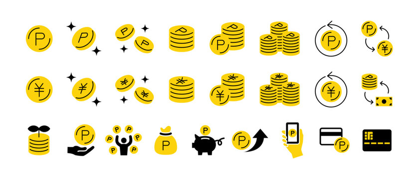 ポイントコインとお金のアイコンセット（投資、貯蓄、クレジットカードの還元ポイント、ポイント変換）