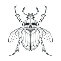 Black and white line drawing of a beetle with a skull on its back.