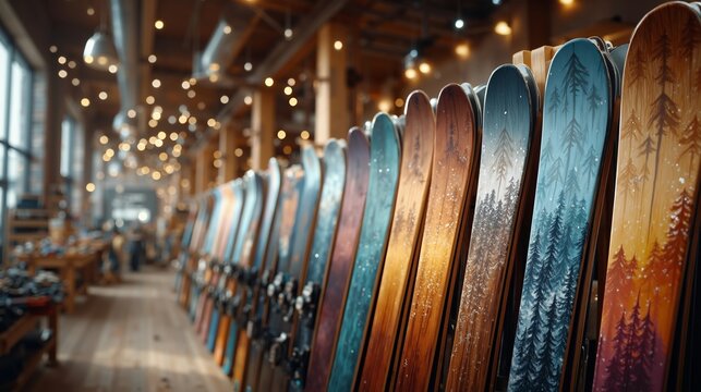 A row of skis lined up in a store