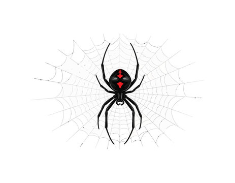 Vector graphic of a dangerous black widow spider showing its iconic red hourglass marking, poised on a circular spiderweb. Isolated design element