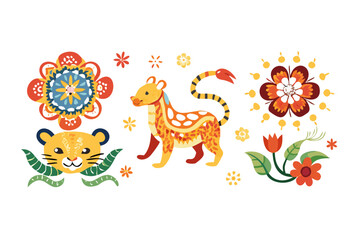 Traditional chinese horoscope with flowers. Chinese new year animals set, tiger and snake, dragon and pig vector mascot drawings with flora patterns.The Dragon zodiac of Traditional chinese horoscope 