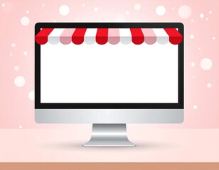 Computer screen with awning, light pink background