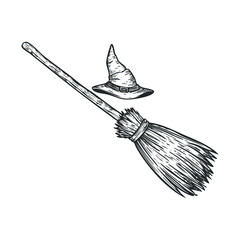 Ink drawing of a classic witch's hat and broom.