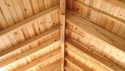 Close-up view of a wooden ceiling's rafters and planks
