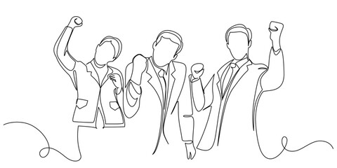 Continuous one line drawing of male and female employees making high five gesture, teamwork and encouragement for work concept, single line art