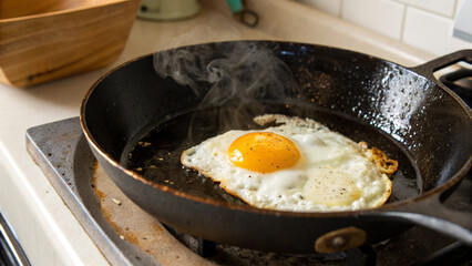 Rustic kitchen breakfast scene with fried egg in black skillet, steam rising for authentic food photography mood.