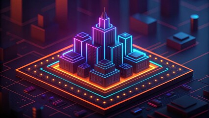 Fototapeta premium Futuristic neon cityscape with glowing skyscrapers and digital circuit board elements in a vibrant cyberpunk aesthetic