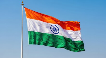 The Vibrant Tricolor Flag of India Waving Proudly Against a Clear Blue Sky