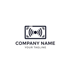 Logo design featuring a stylized signal icon within a rectangular frame.