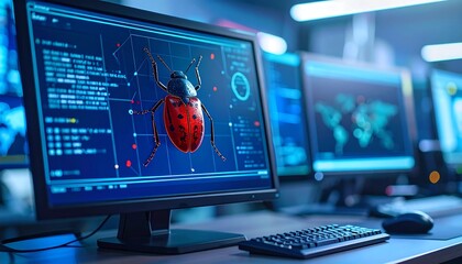 Computer screens display digital graphics and a ladybug, representing a bug in code