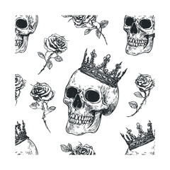 Fototapeta premium Close-up grid of skulls wearing crowns and roses.
