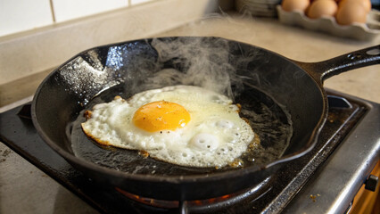Fried egg with glowing yolk and crisp edges, cooking in skillet, rustic breakfast scene in kitchen setting.
