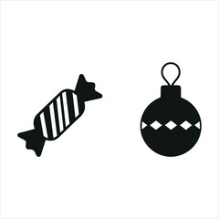 Simple black holiday icons a wrapped candy treat and a festive christmas tree ornament