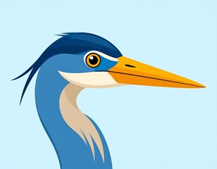 Profile of a blue heron's head and neck.  Detailed illustration of a bird's head,  showing a long neck and beak,  vibrant colors against a light blue background