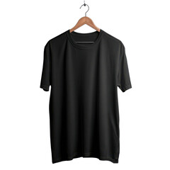 Plain Black T- Shirt Hanging on a Wooden Hanger on Black Background t-shirt blank, Isolated On White, Png Transparent, Cut Out