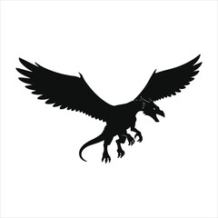 Mysterious black silhouette of a mythical bird creature with spread wings in dynamic flight
