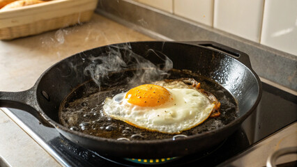 Steaming fried egg with crispy edges cooking in black skillet, rustic stovetop kitchen breakfast photography concept