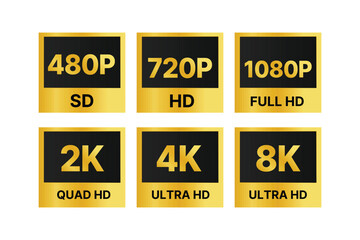 Video resolution 480p 720p 1080p 2k 4k and 8k ultra hd tag icon isolated on white background