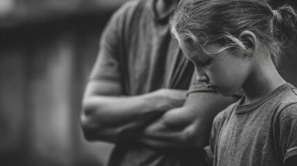 Obraz premium Somber child standing beside adult with arms crossed, expressing emotion in thoughtful black and white photography, conveying feelings of sadness and introspection.