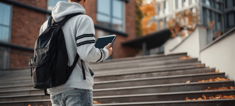 The student with a tablet and backpack walking up urban steps on autumn campus