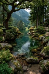 Naklejka premium Serene Forest Brook Framed by Lush Greenery in a Scenic Mountain Landscape