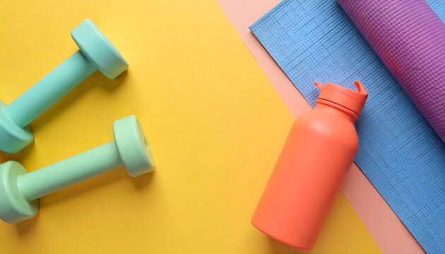 Flat Lay of Dumbbells and Yoga Mat for Home Workout - Powered by Adobe