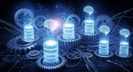 Dynamic AI network with glowing brains and data servers powering intricate mechanical gears in futuristic blue digital landscape