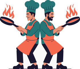 Vector art of two chefs in uniform, holding frying pans with flames, isolated on white