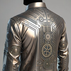 A futuristic metallic jacket with intricate gear and circuit-inspired patterns on the back, blending steampunk and cyberpunk aesthetics, showcasing bold design, advanced artistry, and modern fashion i