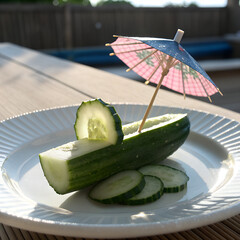Cucumber Boat with Paper Parasol under Sunlight
