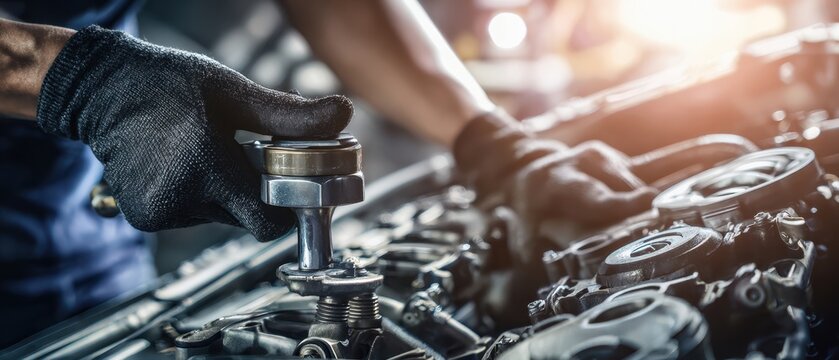 The engine being repaired by a gloved mechanic using a socket wrench