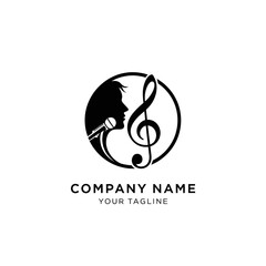 A black and white circular logo featuring a silhouette of a person singing into a microphone, with a treble clef integrated into the design.