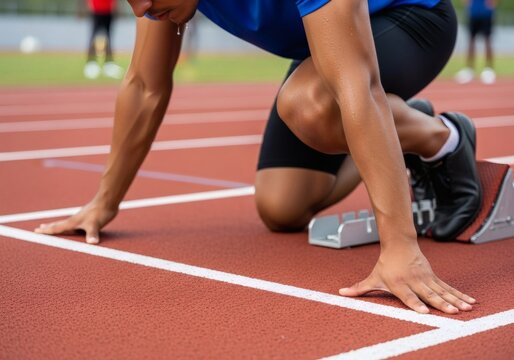 A sprinter in starting position on a red track, focused and ready to launch into motion. Wearing red and black sportswear, the athlete is captured in a moment of intense concentration and power.