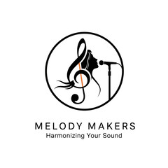 A creative logo for 'Melody Makers' featuring a treble clef combined with a woman singing into a microphone, enclosed in a circle.