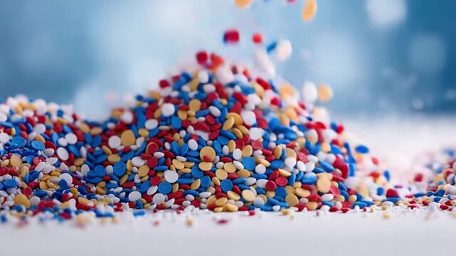 Colorful Sprinkles Cascade: A mesmerizing composition of vibrant, multi-colored sprinkles captured mid-air, creating a dynamic visual of texture and excitement.