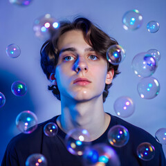 Young man looking up at floating iridescent bubbles