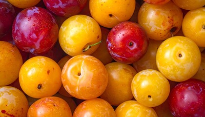 Close-up view of colorful plums