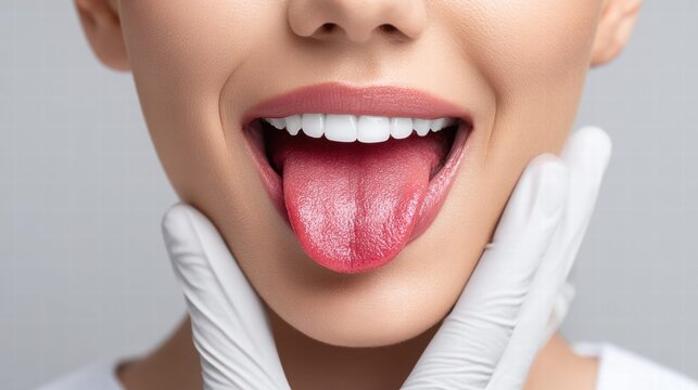 The close-up shot shows a woman's tongue and perfect teeth, highlighting oral health.
