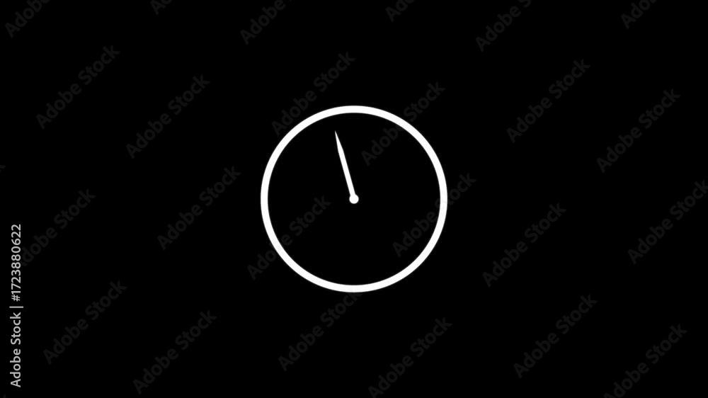 Poster minimalist white clock face with a single hand pointing upwards on a solid black background