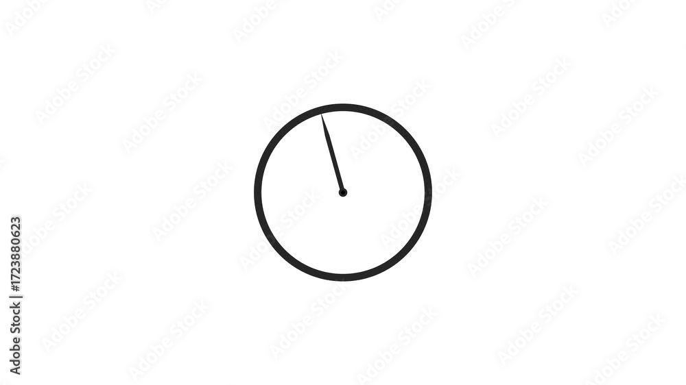Poster simple black clock face with a single hand pointing upwards on a white background
