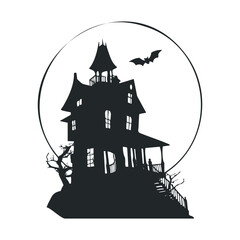Haunted mansion silhouette with a bat flying over a full moon.