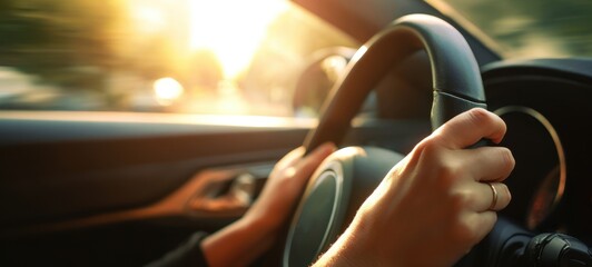 The Car Steering Wheel With Hands Driving Toward Sunlit Road During Golden Hour