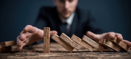 The Domino Upright as Businessman Stops Falling Blocks Preventing a Chain Reaction