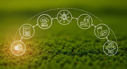 Digital illustration of environmental sustainability icons connected in an arc over a green blurred background