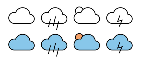 Obraz premium Weather forecast vector icon. Cloudy, precipitation, sun, thunderstorm. Vector icon set