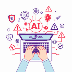 Hands typing on laptop with A I and security icons