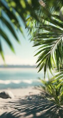 Tropical beach scene through palm fronds